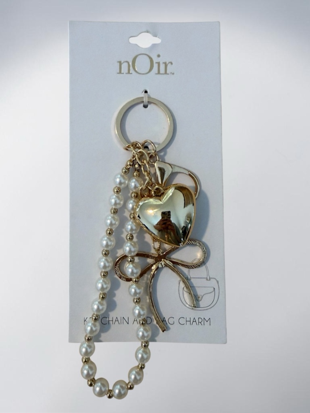nOir Jewelry Gold Heart Bow Keychain with Pearl Bead Strand